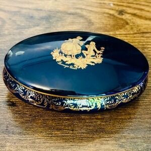 Limoges France Cobalt Blue 22K Gold Porcelain Trinket Oval Box Courting Couple